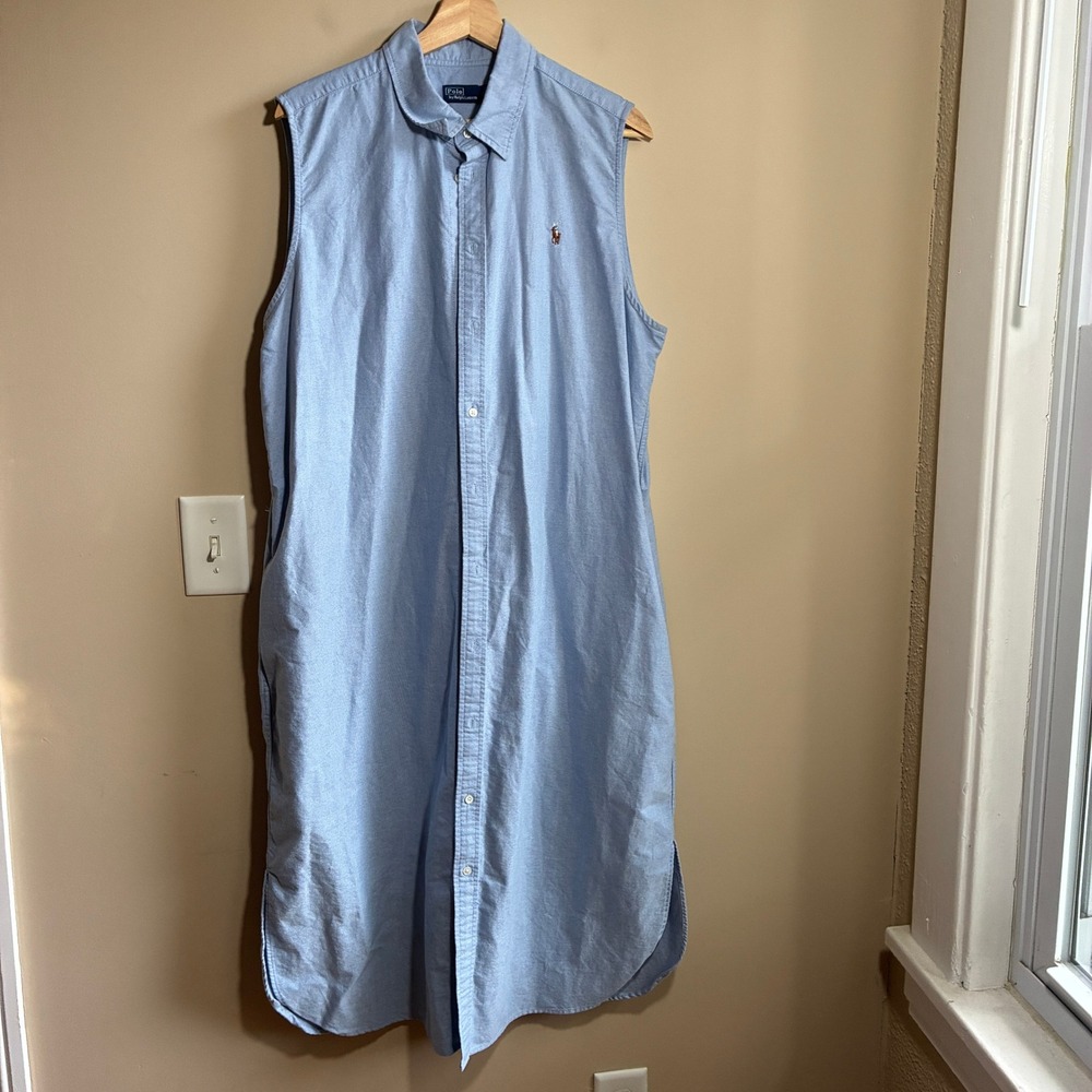 Polo Ralph Lauren Oxford Sleeveless Maxi Shirt Dress 16 Blue Womens Cotton